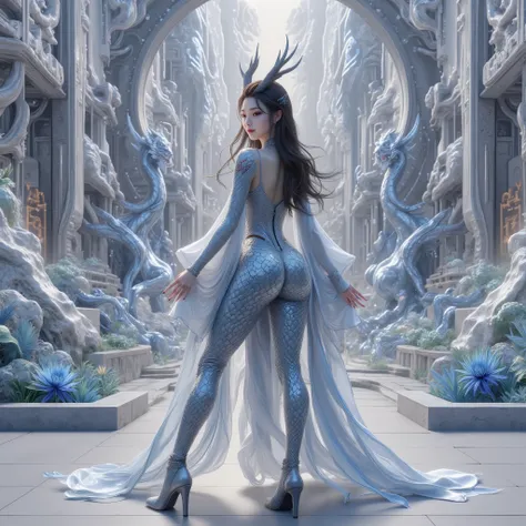 ( masterpiece, Best Quality :1.2), back view, 1 Girl, alone,butt,alone,Looking back,Smile,Dragon Horn,Leather pants,high-waisted sai,silk long sleeve,Baiyu Dragon Palace,Xianxia