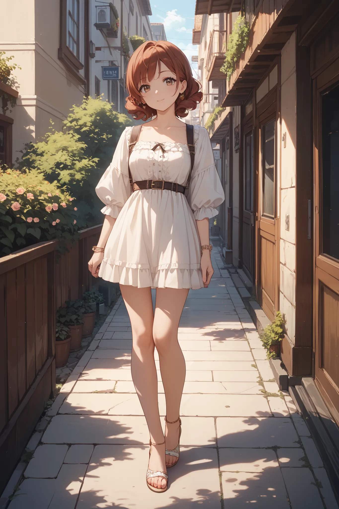  best quality, anime style, Full Body Standing Picture ,Down to your feet, girl,Sister,Reddish brown hair,Dark brown eyes, idol