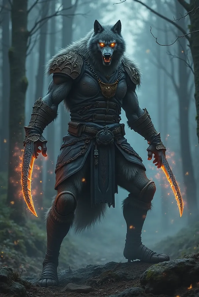 
**Scene:**  
Arvid Vidarson stands in a dynamic fighting pose in his powerful werewolf form. He is wearing hardened leather armor. His eyes glow in an intense yellow, almost like glowing coals, and his face shows a mixture of ferocity and determination.  ...