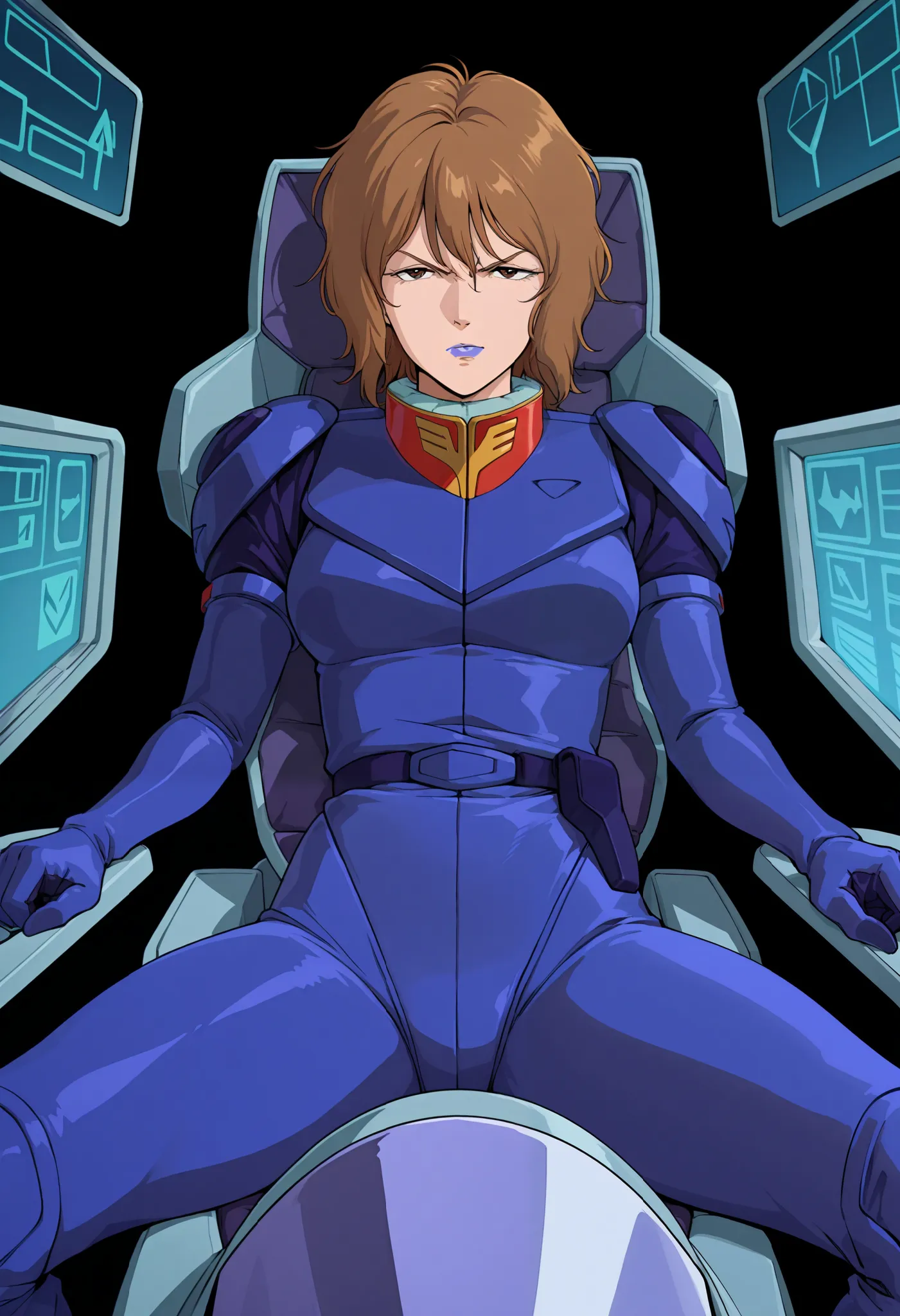 masterpiece, best quality, Rezin Schneider, 1 girls, brown short hair, blue lips,blue pilotsuit,sitting,Alone、 is the cockpit in the background、 sits in the cockpit、 angry face

