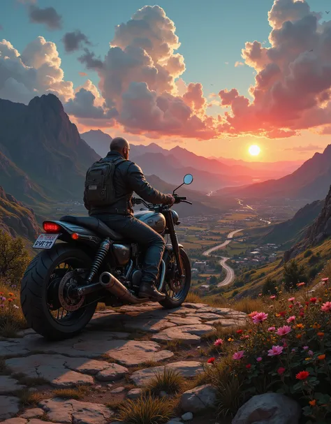 Sunset. The sun is setting in the mountains.The rays of the setting sun illuminate a beautiful picturesque green valley, where you can see fields, gardens, cute colorful houses, and a winding rural road made of red stone. The sky is a beautiful azure blue ...
