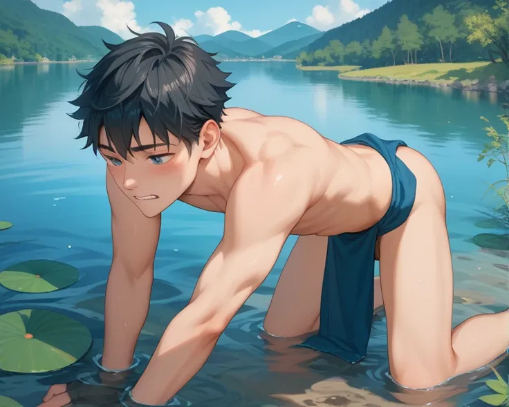 Japan,{Japan人, middle school student,male, Low, slim, black hair,Baby Face,Double,is shy},{loincloth,White, bite,No cloth on the back}, shirtless,lake, on all fours