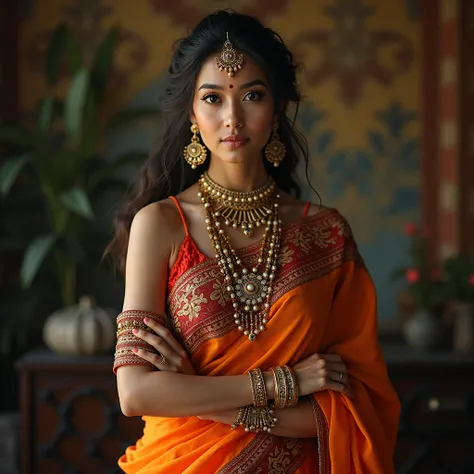 a woman in a saree, she is posing for a picture, Indian goddess, traditional 