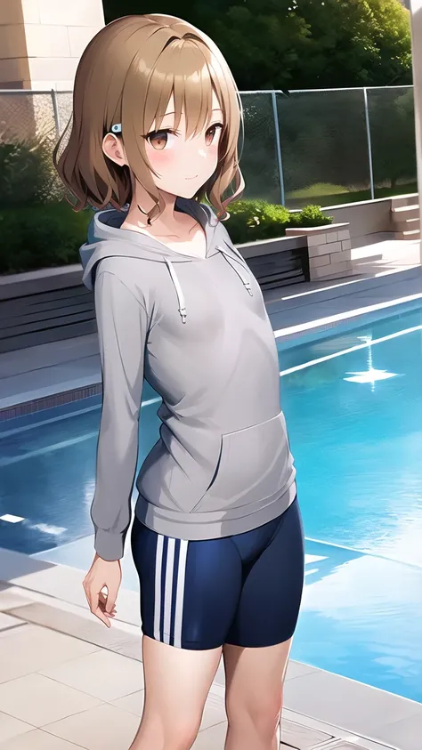 nsfw, masterpiece, best quality, high resolution,1 girl,Alone,whole body, short hair , brown hair, brown eyes,( flat chest),clavicle, Navy Blue Knee Length School Swimsuit,(Thin fabric swimsuit:1.3), (Wear a gray Adidas hoodie:1.5),(Cute Hair Bands, Cute H...