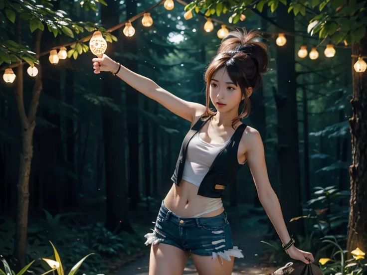 hilda, yellow bra,  small bust,  slim body, Reloaded wall, short,  pretty legs,  black tights , forest, Night, Glowing flowers