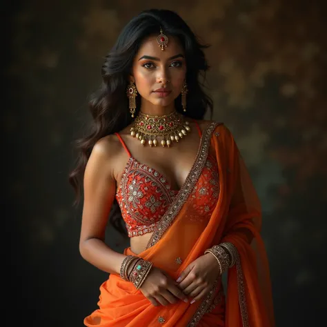 a 21 year old woman in a transparent saree, she is posing for a picture, trad