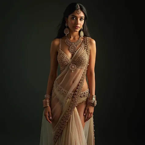 a 21 year old woman in a transparent saree, she is posing for a picture,  traditional beauty, beautiful goddess, hourglass figure, Ornate cosplay, super model, beautiful maiden, gorgeous woman, gorgeous beautiful woman, intricate outfit, aesthetic, beautif...