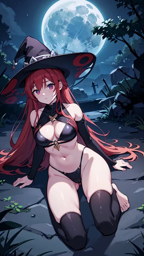 The prompt for Stable Diffusion generation is as follows:

"Witch,RPG,Sorceress,Magic,Red-haired Woman, black and white one-piece stylish bikini with contrasting black and white patterns witch hat.  red moon beach night,(best quality,4k,8k,highres,masterpi...