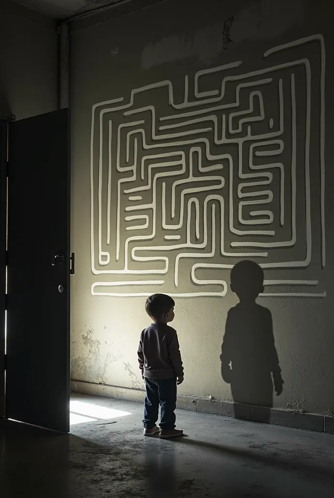 Un visuel sombre et marquant : la silhouette d'un garçon de 10 ans, seul. Il est face à un un mur imposant dont le papier peint est un motif de labyrinthe. Son ombre est projetée contre le mur. A la gauche de l'enfant une porte très légèrement entrouverte,...