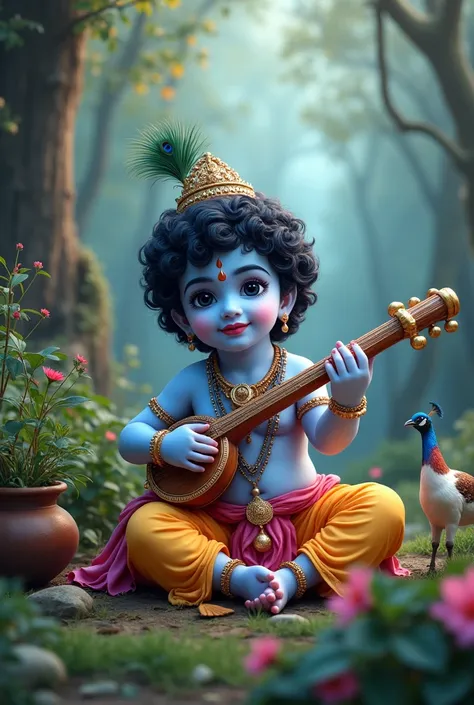 Score_9, score8_ up, score_7 up,  glowing skin neon white light pink blue chubby tones body and face of Krishna siting in forest playing bansuri and have peacock feather on its head. Cow and peacock standing near and a pot of makhan is there in side also i...