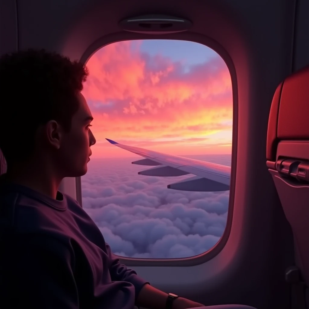 highly detailed photo,((Photorealizim, 8k rendering, maximum quality , high detail ,))sitting at the window on the plane looking into it,outside we see at the bottom of the cloud,on the left our wing with(Boeing 747), engines and a gorgeous red sunset abov...