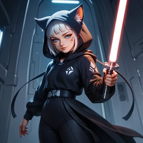  high resolution,  Masterpiece, Galactic Empire、A cute tiger cat wearing a black hood、Move quickly like a cat、Hold a lightsaber in the style of a Star Wars Jedi