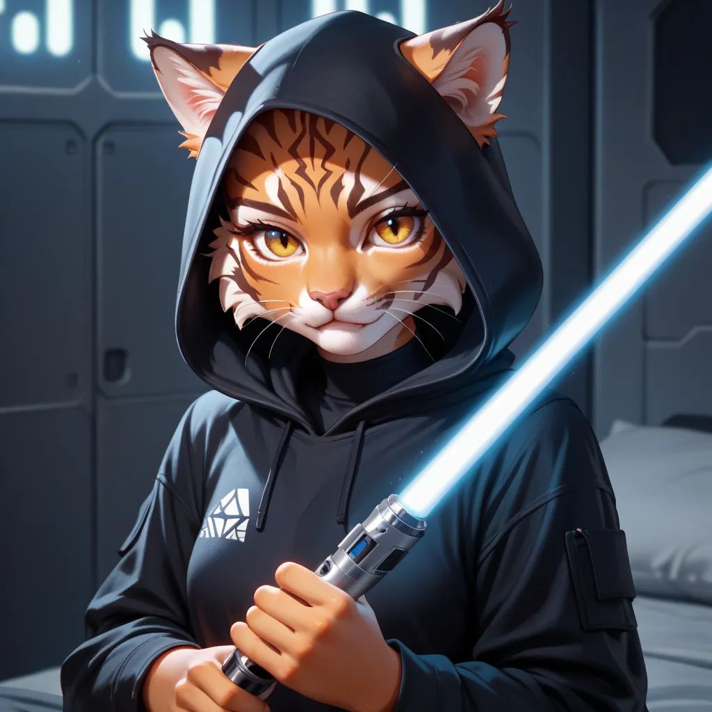  high resolution,  Masterpiece, Galactic Empire、A cute tiger cat wearing a black hood、Move quickly like a cat、Hold a lightsaber in the style of a Star Wars Jedi