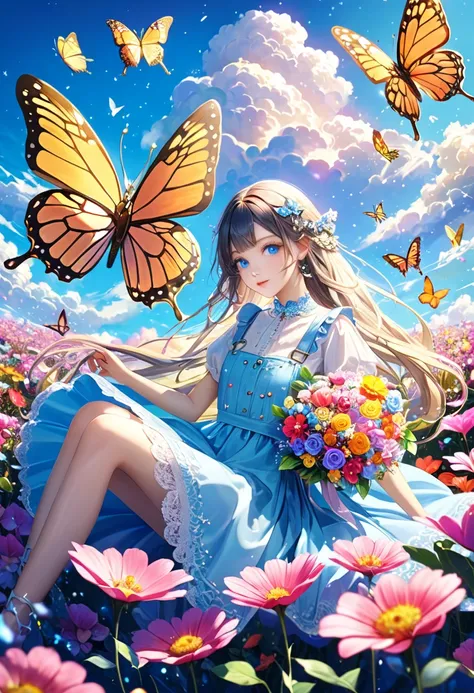 anime、kawaii"An surreal girl is sitting in a vast flower field. She is holding a colorful bouquet of flowers, and in the background there is a blue sky with white clouds. Butterflies are fluttering in the sky, and sparkling light particles are floating in ...