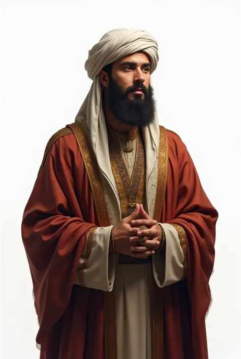 A picture of a man in the time of Abbasi speaking on a white background 
