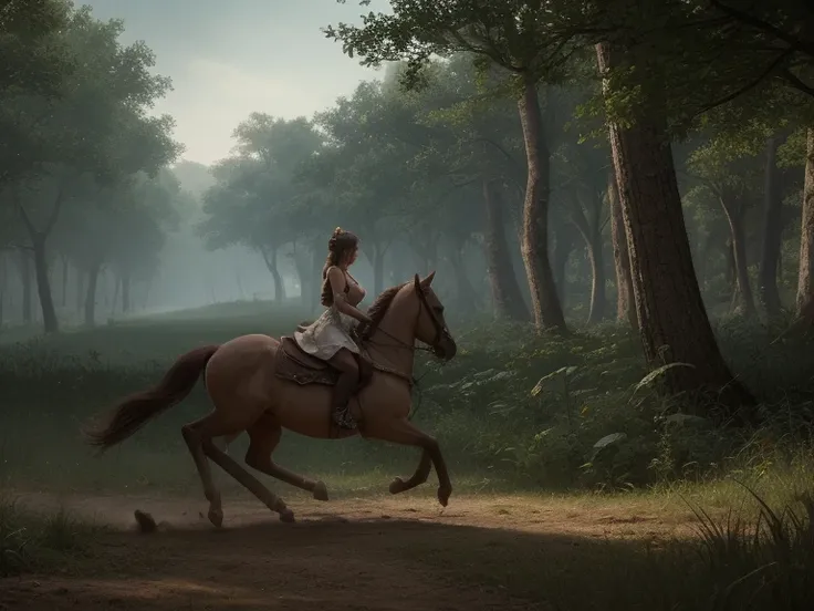 A princess escape an ambush in the woods, riding a horse into the night. Her expensive dress is torn down and turned to rags, exposing her bruised skin, showing her breasts