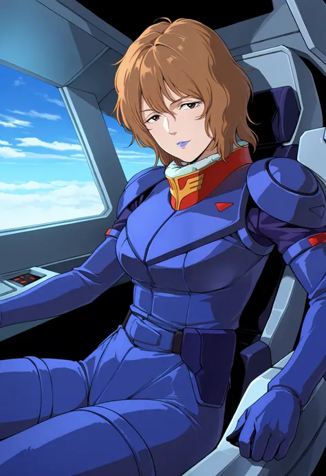 masterpiece, best quality, Rezin Schneider, 1 girls, brown short hair, blue lips,blue pilotsuit,sitting,Alone、 is the cockpit in the background、 sits in the cockpit、 口を開けて叫んでいる、

