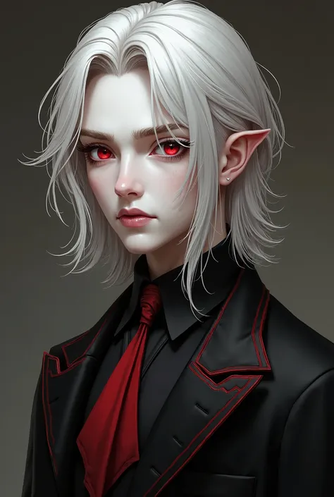 Handsome young man with androgynous and delicate features, Platinum or silver blond shoulder-length hair and slanted red eyes,   white skin, high,  hourglass shaped body.

He wears black clothes with red details.

Dragon House , , Royals.