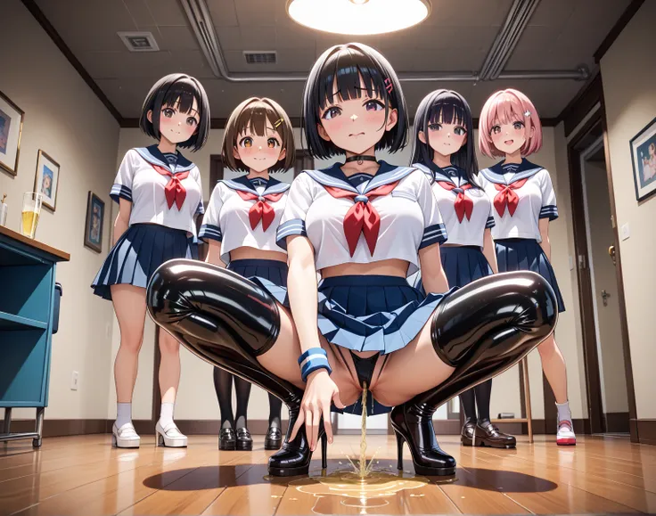 (nsfw:1.5), whole body, ( 3 girls:1.3),  Masterpiece,  best quality,  amazing beauty, 4K,  is ridiculous,  detailed,  super detailed eyes ,  perfect anatomy, Official art, Cinematic lighting, room,  silky bob cut ,   black hair,  dark eyes,  I'm watching v...