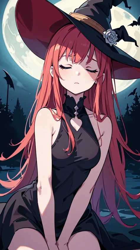 The prompt for Stable Diffusion generation is as follows:

"Witch,RPG,Sorceress,Magic,Red-haired Woman, black and white one-piece stylish bikini with contrasting black and white patterns witch hat.  red moon beach night,(best quality,4k,8k,highres,masterpi...