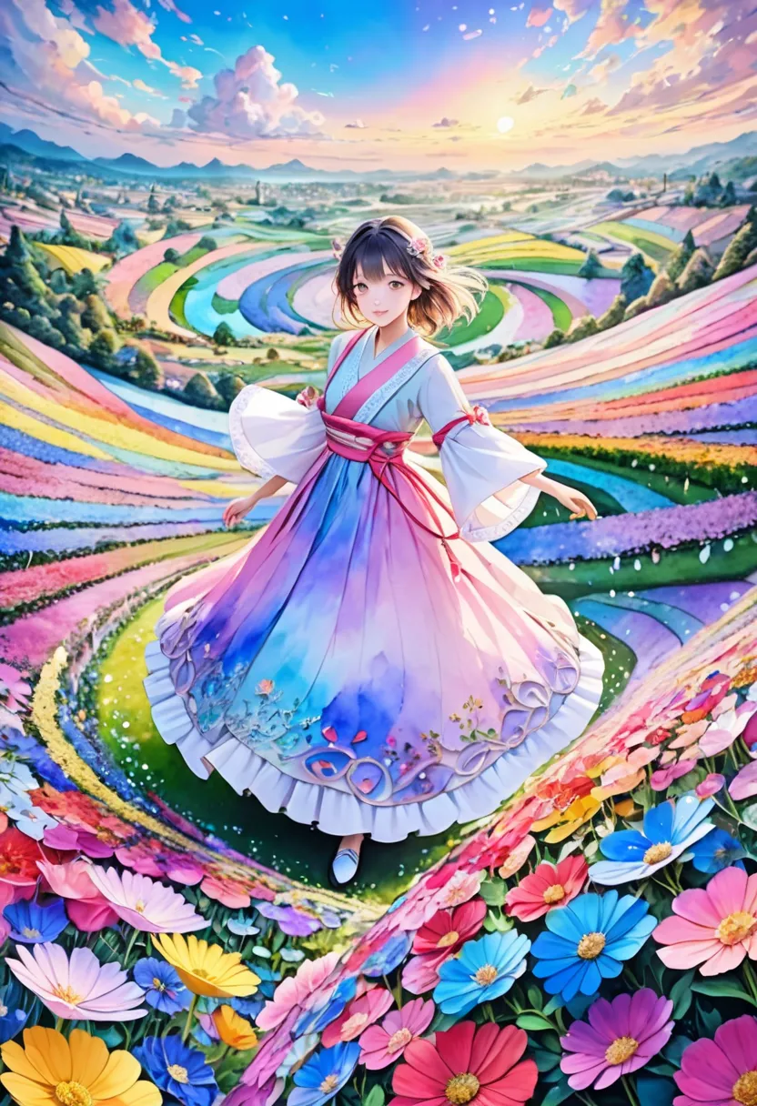 anime　Ultra-detailed, absolute resolution, a masterpiece.
Beautiful woman dancing in a colorful pastel-colored Hanfu.
Wide-angle aerial background of a flower field.
Wonderland world view.
A fusion of watercolor, acrylic and collage, conceptual installatio...