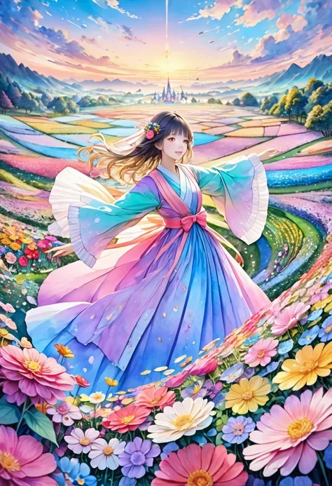 anime　Ultra-detailed, absolute resolution, a masterpiece.
Beautiful woman dancing in a colorful pastel-colored Hanfu.
Wide-angle aerial background of a flower field.
Wonderland world view.
A fusion of watercolor, acrylic and collage, conceptual installatio...