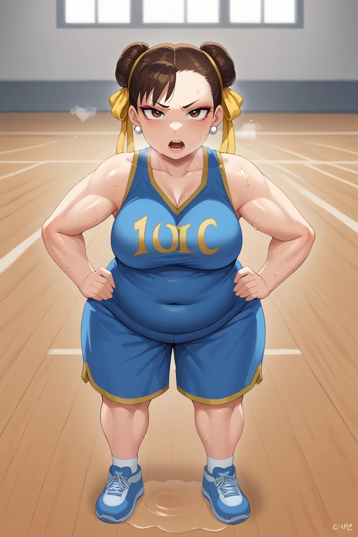 score_9, score_8_up, score_7_up, BREAK, 1girl, solo, chun li, brown eyes, double bun, yellow ribbon 1girl, solo, makeup, casual, cowboy shot, looking at the viewer, large breasts, hand on hips, blue tanktop, sweaty, blue shorts, sweating profusely, open mo...