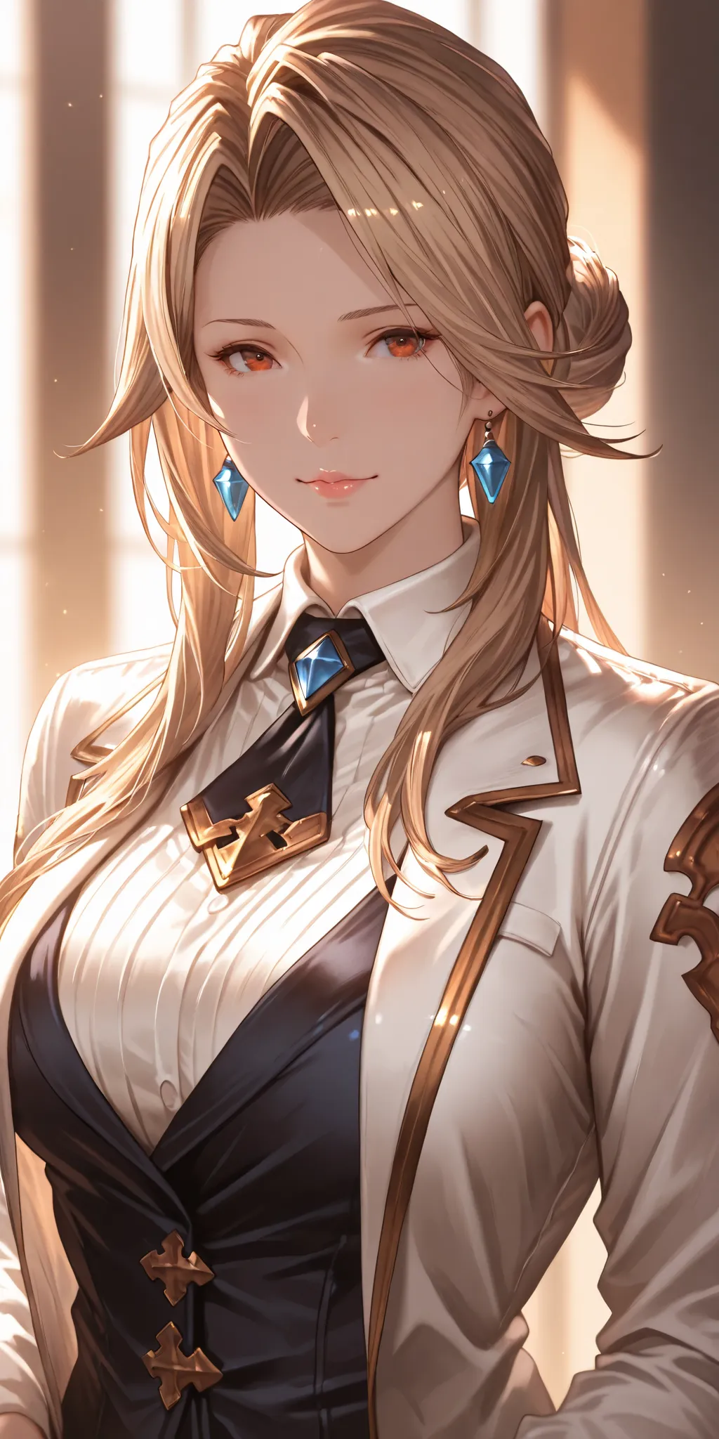 Masterpiece, very aesthetic, vibrant, high contrast, elegant mature female, katalina (granblue fantasy), bun hair, upper body, formal uniform, soft light, best quality, semrealistic, granblue fantasy cg style