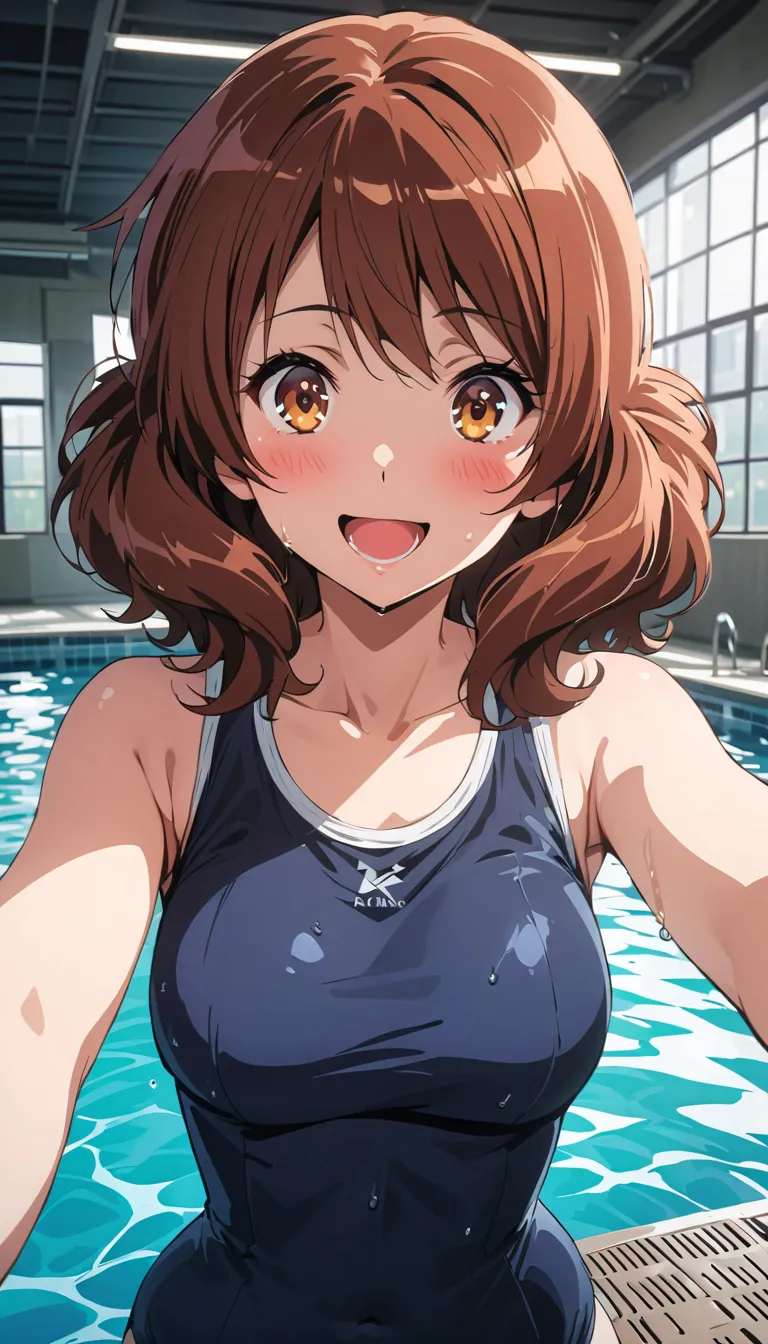 ( beautiful girl : 1.3),1 girl,(Oumae Kumiko),( dark blue school swimsuit, pubic hair),smile, is embarrassing,blush, get wet,Indoor swimming pool,masterpiece, best quality, super high resolution, rich contrast , high definition,8k, High Definition CG Unit ...