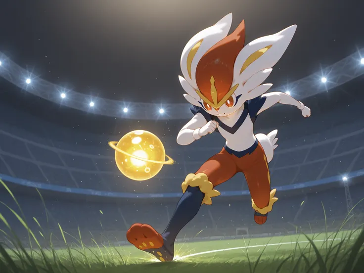 (Cinderace \(Pokemon\), ), running towars a goal tower, particles of yellow sphere around, subject close to the right edge of picture, big stadium with tall grass and futuristic walls around at background