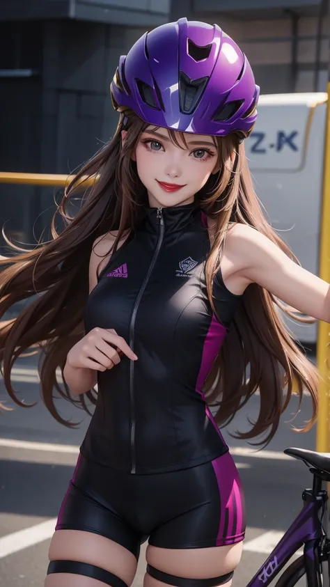 woman , long hair golden brown, normal, she is solo, from alternative world ,best quality, realistic, cycling purple black suit and cycling sports black shorts, she is stand , smile, red lipstick , helmet 