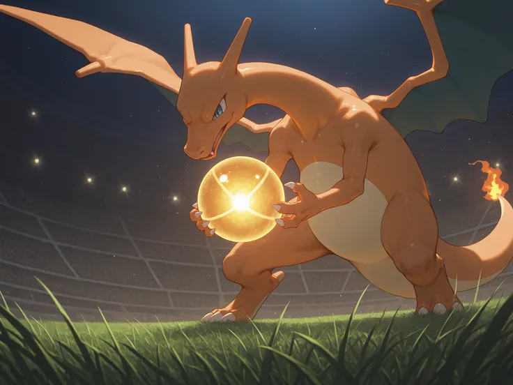 (Charizard \(Pokemon\), ), solo, flying towars a goal tower, particles of yellow sphere around, subject close to the right edge of picture, big stadium with tall grass and futuristic walls around at background
