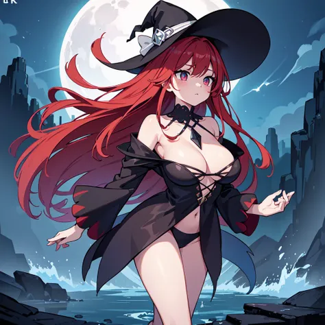 The prompt for Stable Diffusion generation is as follows:

"Witch,RPG,Sorceress,Magic,Red-haired Woman, black and white one-piece stylish bikini with contrasting black and white patterns witch hat.  red moon beach night,(best quality,4k,8k,highres,masterpi...