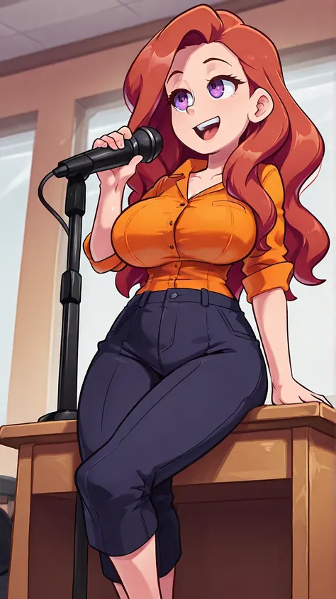 girl, Caucasian, thin, purple eyes ,  rough and sexy look ,  big breasts ,  long wavy hair , dark redhead. orange shirt. Sitting at a desk and a microphone. I study podcast.