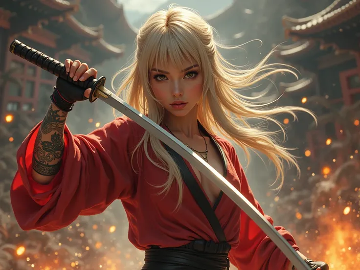 A beautiful ninja holding a Japanese sword、Fighting against enemies 、 horsetail、 blonde hair 、  bronze skin  、 Beautiful girl with long straight blond hair 、 Japanese Kimono、 perfect face 、  masterpiece,  anatomically correct  ,  Best Quality  , textured l...