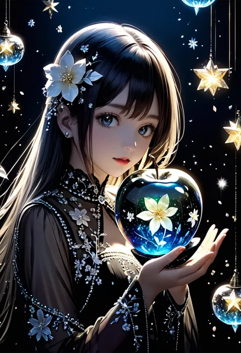 Score 9, Score 8 Up, Score 7 Up, Transparent crystal apple with girl inside, sparkling flowers and twinkling stars inside the apple, dark background highlights the crystal apple, high quality, high resolution, high contrast