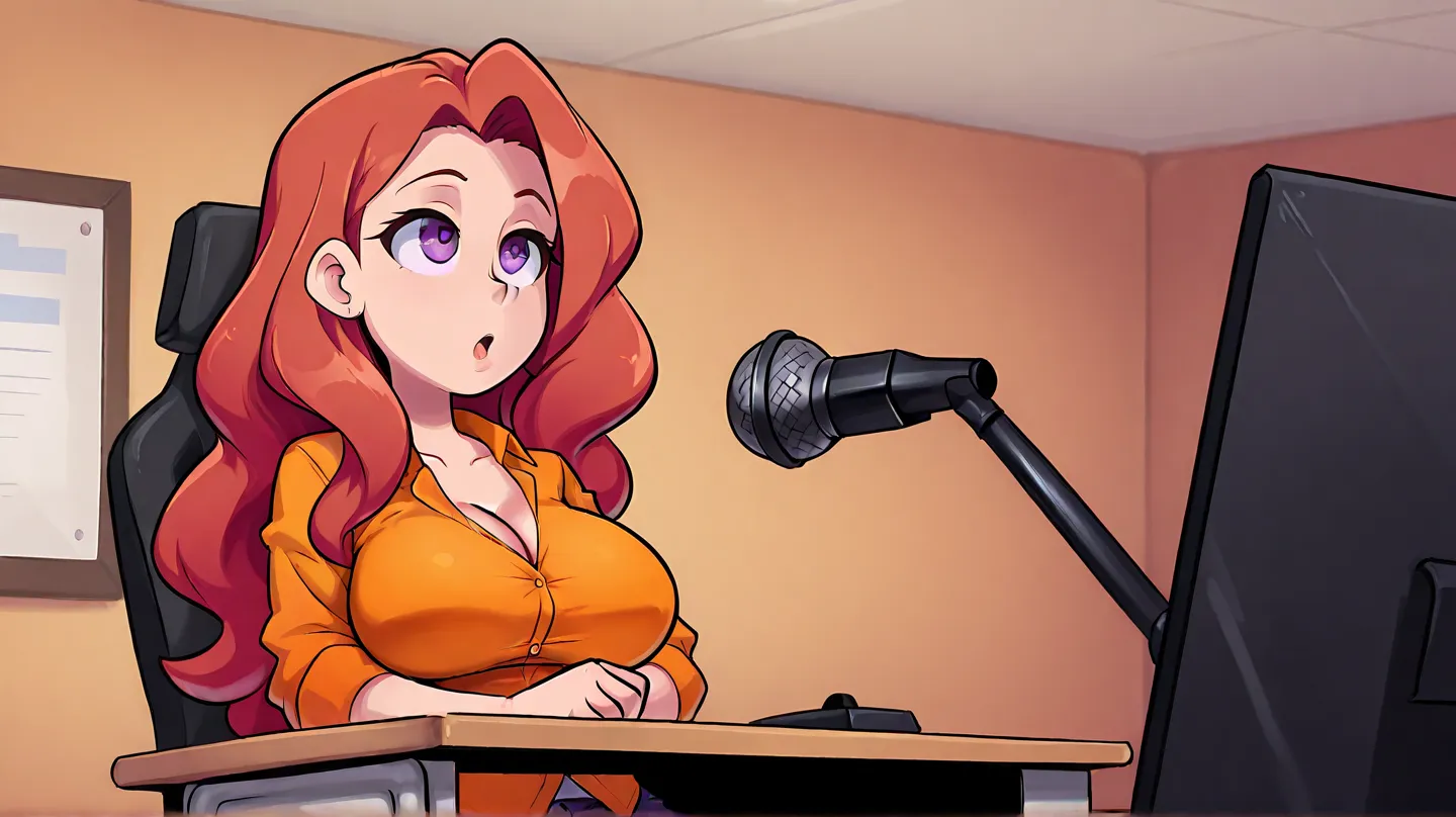 girl, Caucasian, thin, purple eyes ,  rough and sexy look ,  big breasts ,  long wavy hair , dark redhead. orange shirt. Sitting at a desk and a microphone. I study podcast.