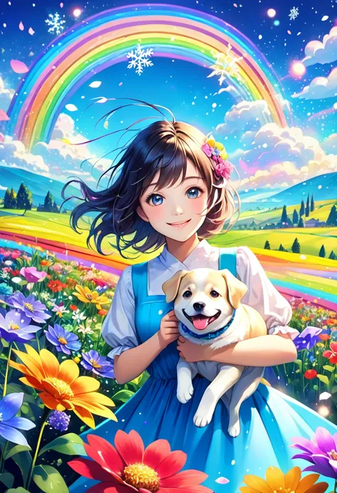 (Anime: 1.2) Cute and surreal girl with closed mouth looking happily into the camera, cute woman playing with dog, vast fields with vibrant flowers in the background, blue sky with light particles and rainbow snowflakes floating in the air. Smiling woman, ...