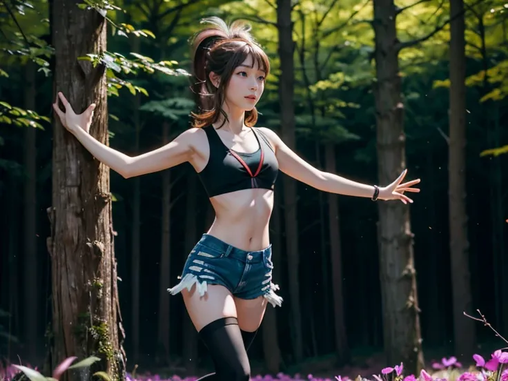 hilda, yellow bra,  small bust,  slim body, Reloaded wall, short,  pretty legs,  black tights , forest, Night, Glowing flowers