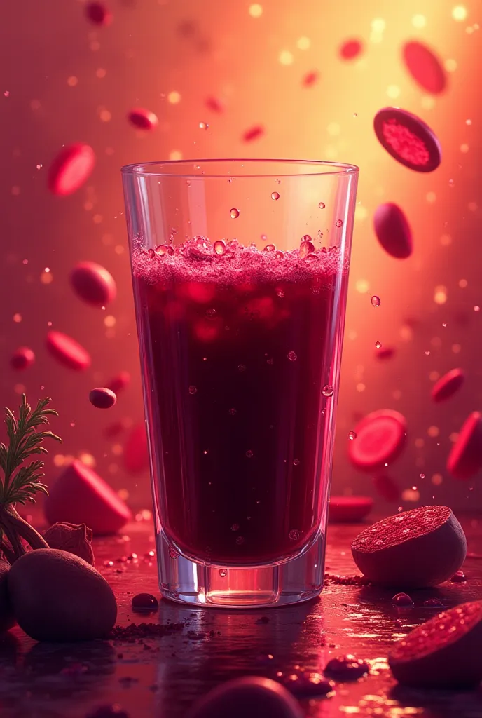 A vibrant digital painting of a glass of fresh beetroot juice with blood cells flowing energetically around it, symbolizing blood purification and increased iron levels."