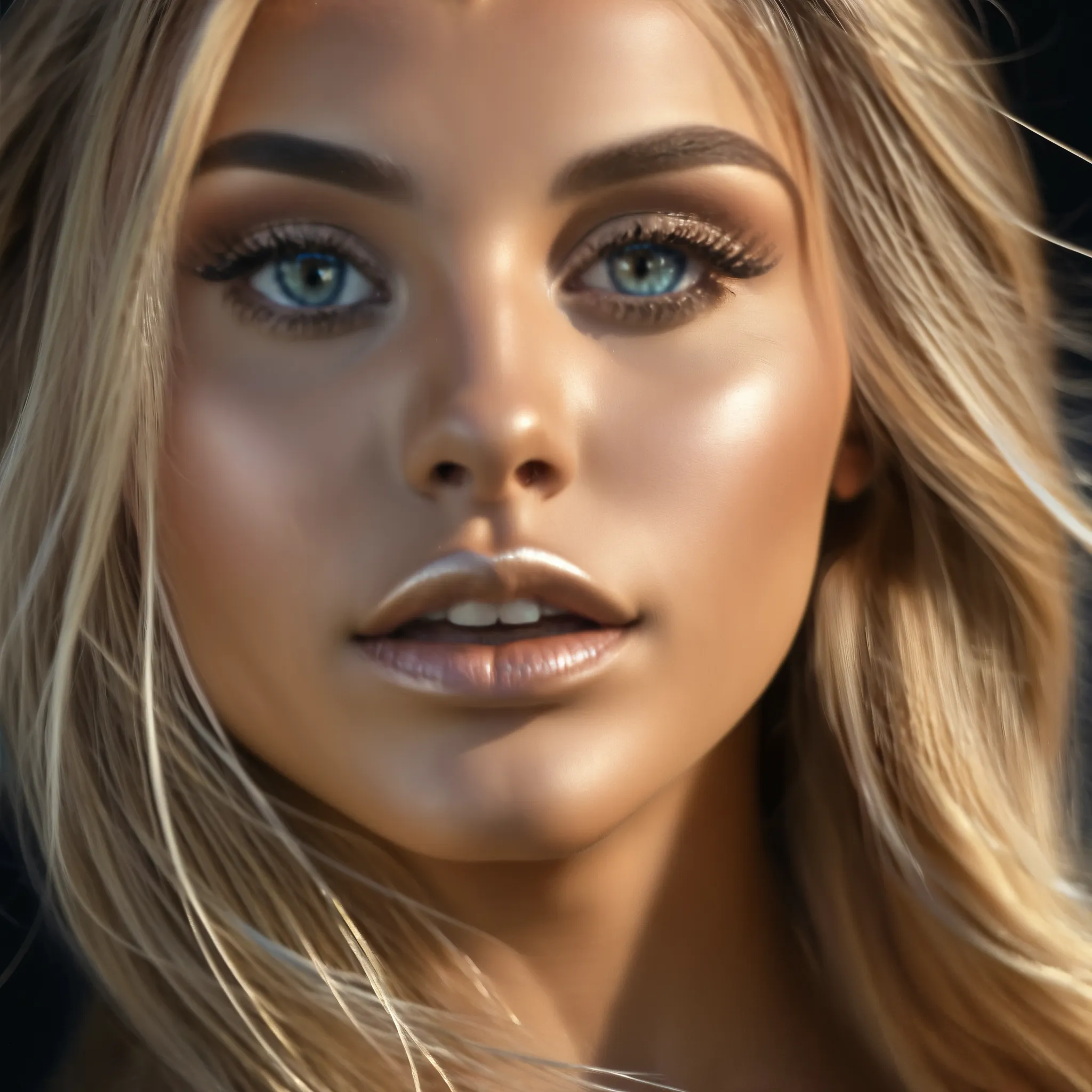 award winning photography of an perfect gorgeous caucasian blonde 22 year old woman. Thick lips. Long flowing blonde hair. sun tanned skin. Clear silver-blue eyes with smoky eye makeup. Black background. Award winning photography. Artistic shot. Weird angl...