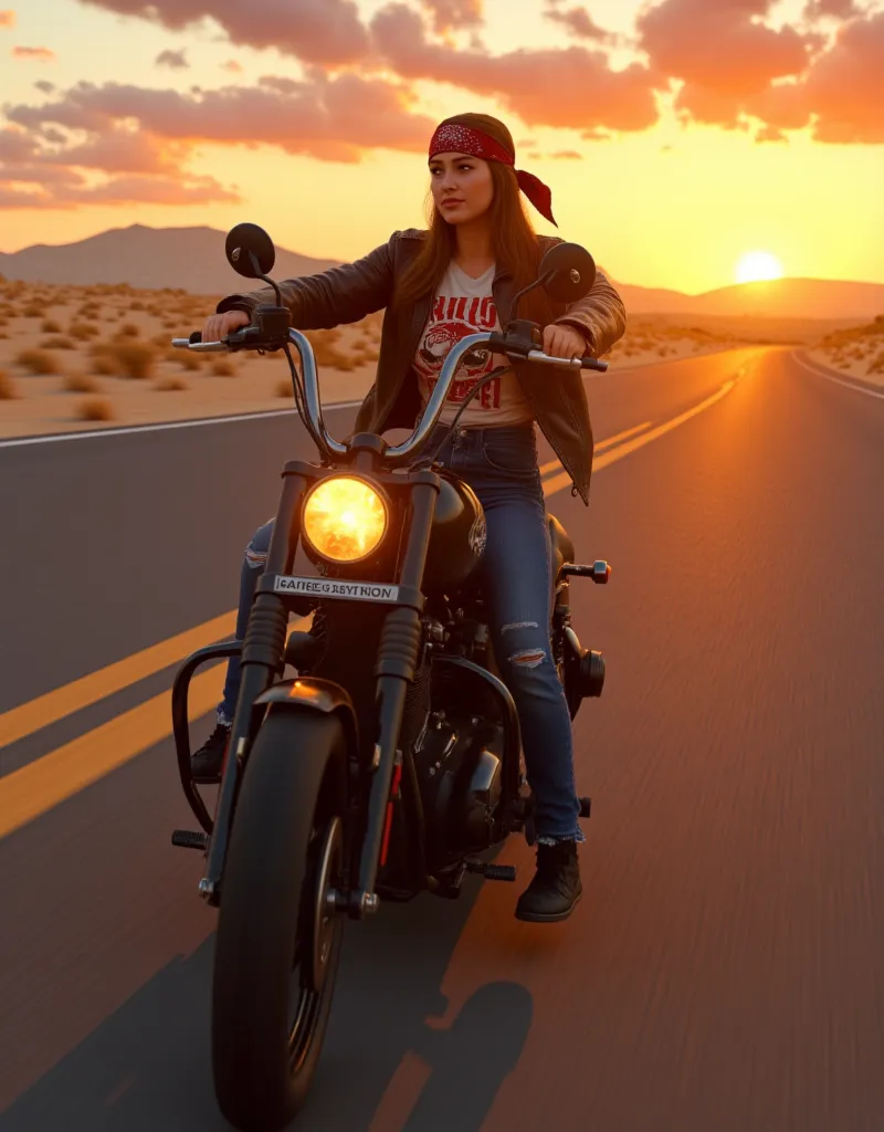 highly detailed photo,((Photorealizim, 8k rendering, maximum quality , high detail ,)) in the foreground is a biker-girl in a leather jacket,blue jeans,wearing a ,of the rockband shirt,rides a harley Davidson fatboy , along a deserted highway through Arizo...