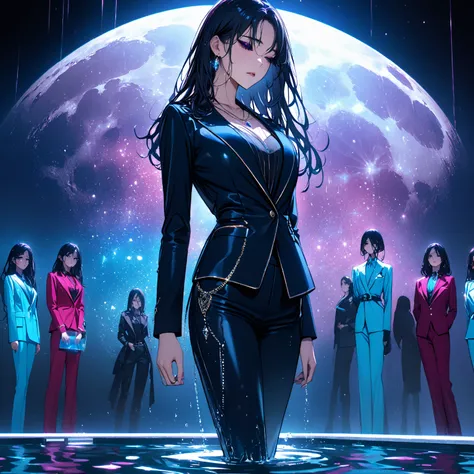   best quality、 ultra-precise depiction、  bright colors、 beautiful girl 、One person、40 years old、 Height、 long foot、 accurate facial depiction、Dark outdoors、In the pool、 starry sky 、moon、 spotlight 、turquoise lighting、magenta tuxedo、 shirt、 tie、 bust up、  ...