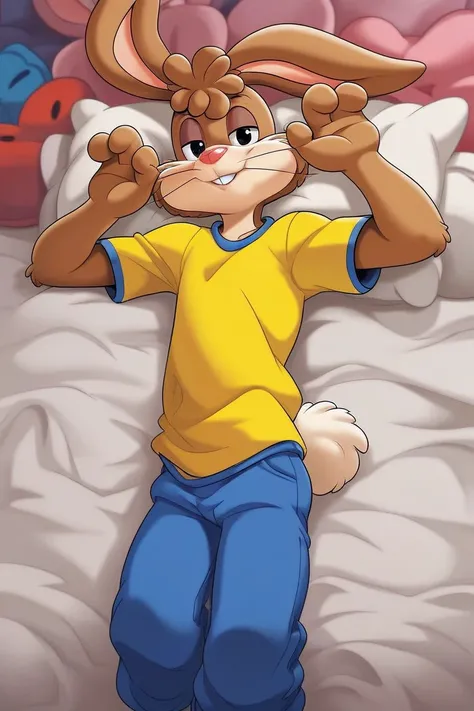 masterpiece, best quality, 8k, quicky,4 fingers,brown fur, blue pants, yellow t-shirt, bedroom eyes, standing, young adult, puffy hair, tall, cute version of quicky, cute rabbit hair, furry, rabbit, male, eyeshadow, slim,solo,looking_at_viewer, bed‚ sleepi...