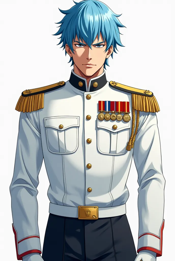 In realistic anime version 
a man of about 25 years old with cyan blue hair, This man must be an army general with several medals in his white uniform with black pants, your face should be diamond-like without a beard or mustache, his gray eyes and a defia...