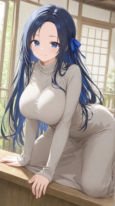 Big Breasts,   long hair,   black hair , bangs,    ,  smile  , （1girl1.5）, blue hair ribbon、（ 1.5）solo、