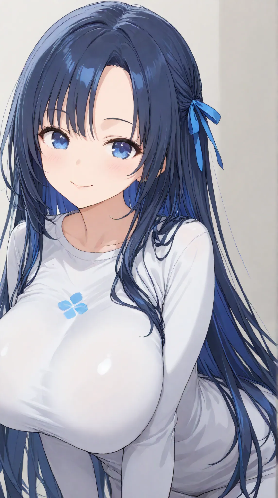 Big Breasts,   long hair,   black hair , bangs,    ,  smile  , （1girl1.5）, blue hair ribbon、（ 1.5）solo、