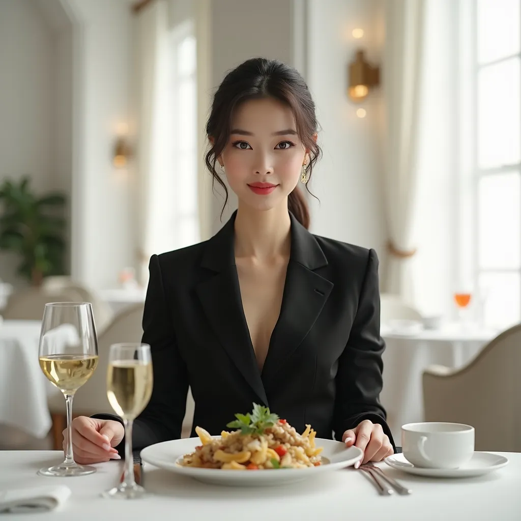 Our Asian girl is dining in a luxurious restaurant, Wear elegant black suits. inside was a white 。

