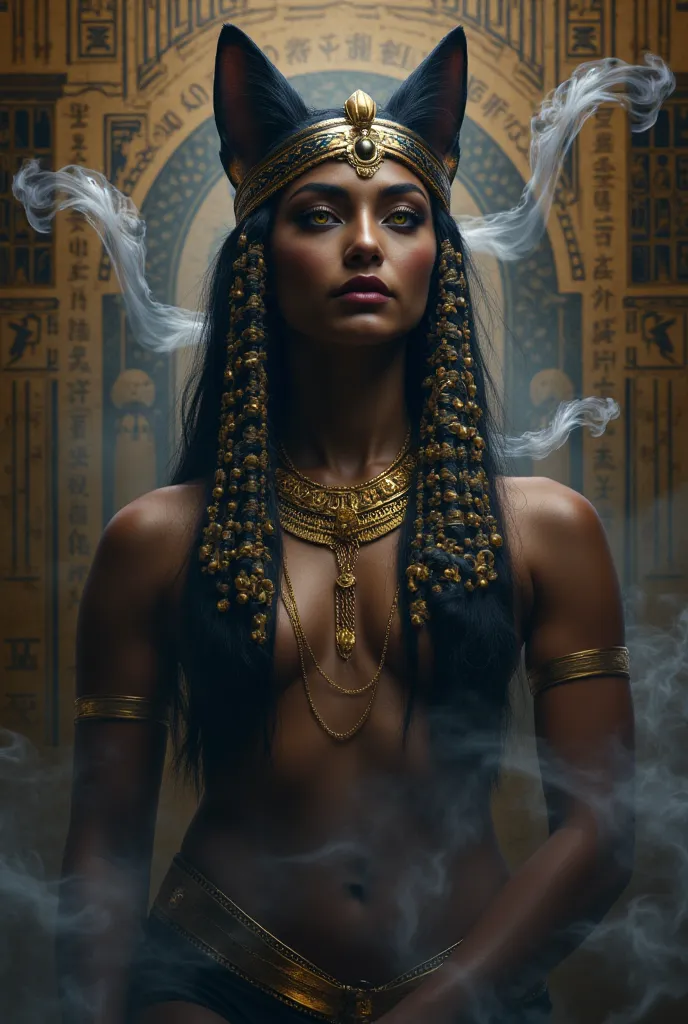 a detailed portrait of bastet the ancient egyptian cat goddess, beautiful woman with cat ears and tail, long thin legs, intricate egyptian headdress, golden jewelry, ornate ancient egyptian background, detailed ornate patterns,  neon noir, danse, fluide, d...