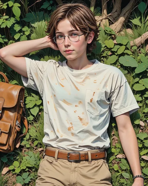 "A young boy with tousled brown hair, wearing thin round glasses, lies peacefully on a bed of lush green grass. He is dressed in a loose white t-shirt with subtle folds, beige cargo pants, and a brown leather belt. His arms are resting behind his head, and...